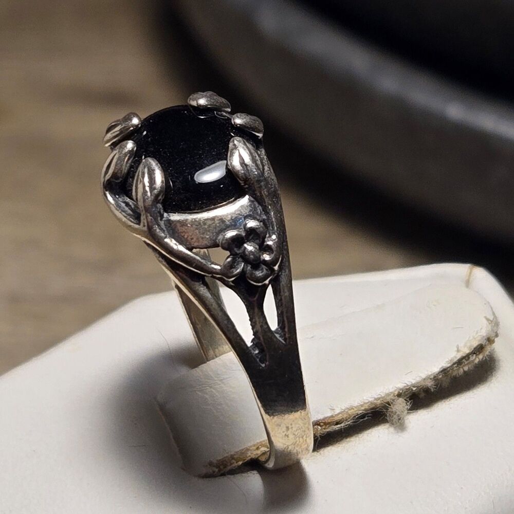 Floral Black vintage sterling silver ring sz 7 - Picture 3 of 6